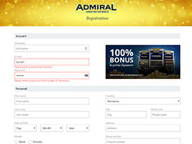 Admiral Casino, pagina de inregistrare